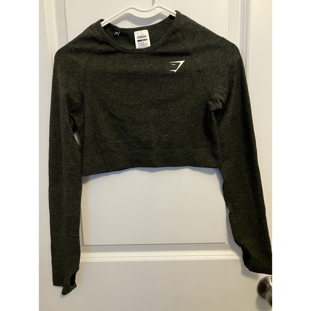 Gymshark Crop Top Womens Medium Gray Seamless Long Sleeve Thumbholes gym workout
